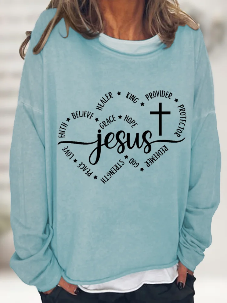 Women Jesus Faith Love Believe Christian Heart Crew Neck Sweatshirt