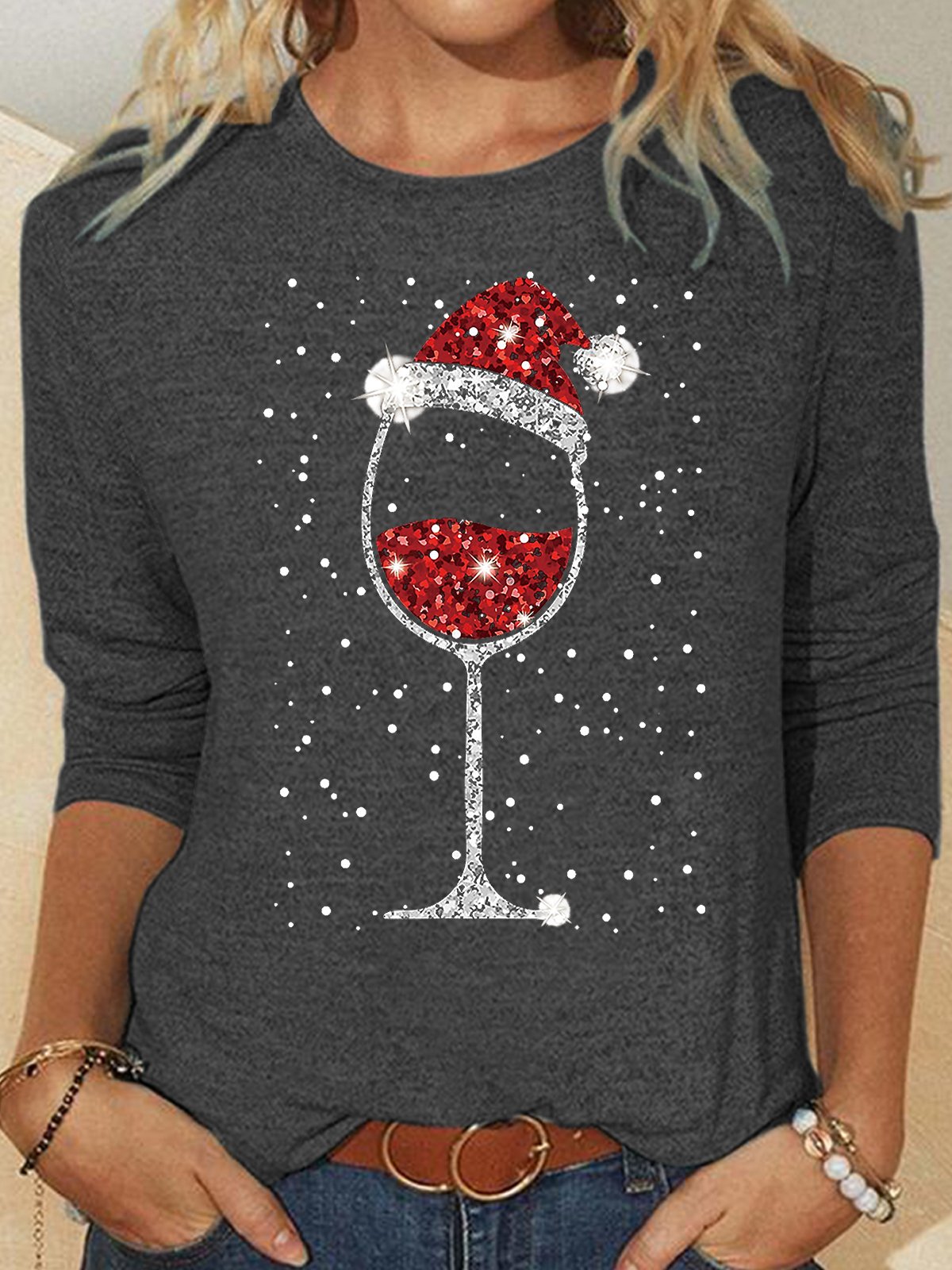Womens Glass of Red Wine Christmas Wine Drinking Santa Crew Neck Casual Top