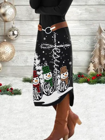 Christmas Winter Jersey Loose Crew Neck Maxi Dress Xmas A-Line Long Sleeve Dress