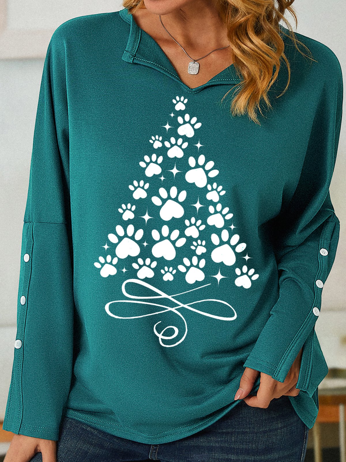 Women's Christmas Paw Tree Print Sweatshirt