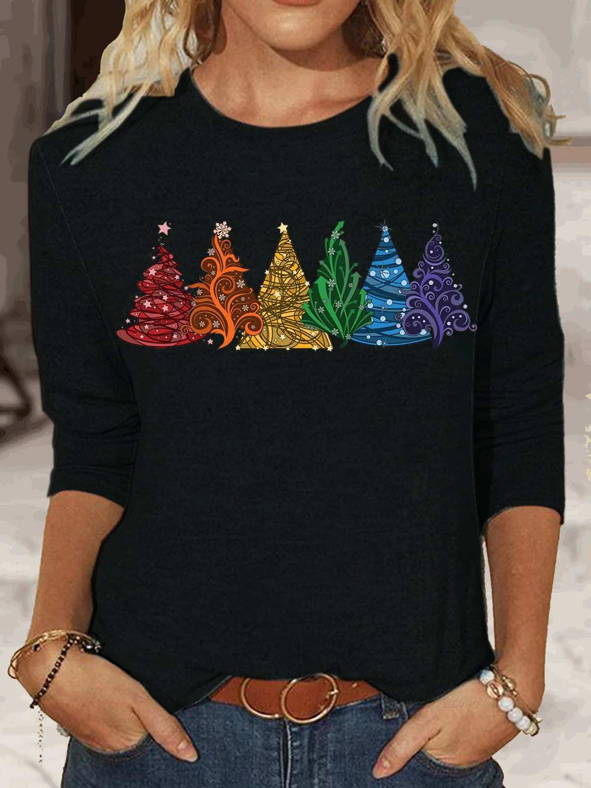 Women's Rainbow Christmas Trees Classic Long Sleeve Top