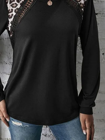 Leopard Casual Crew Neck Patchwork Lace T-Shirt