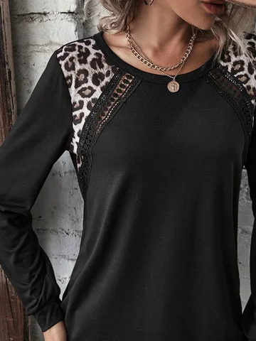 Leopard Casual Crew Neck Patchwork Lace T-Shirt