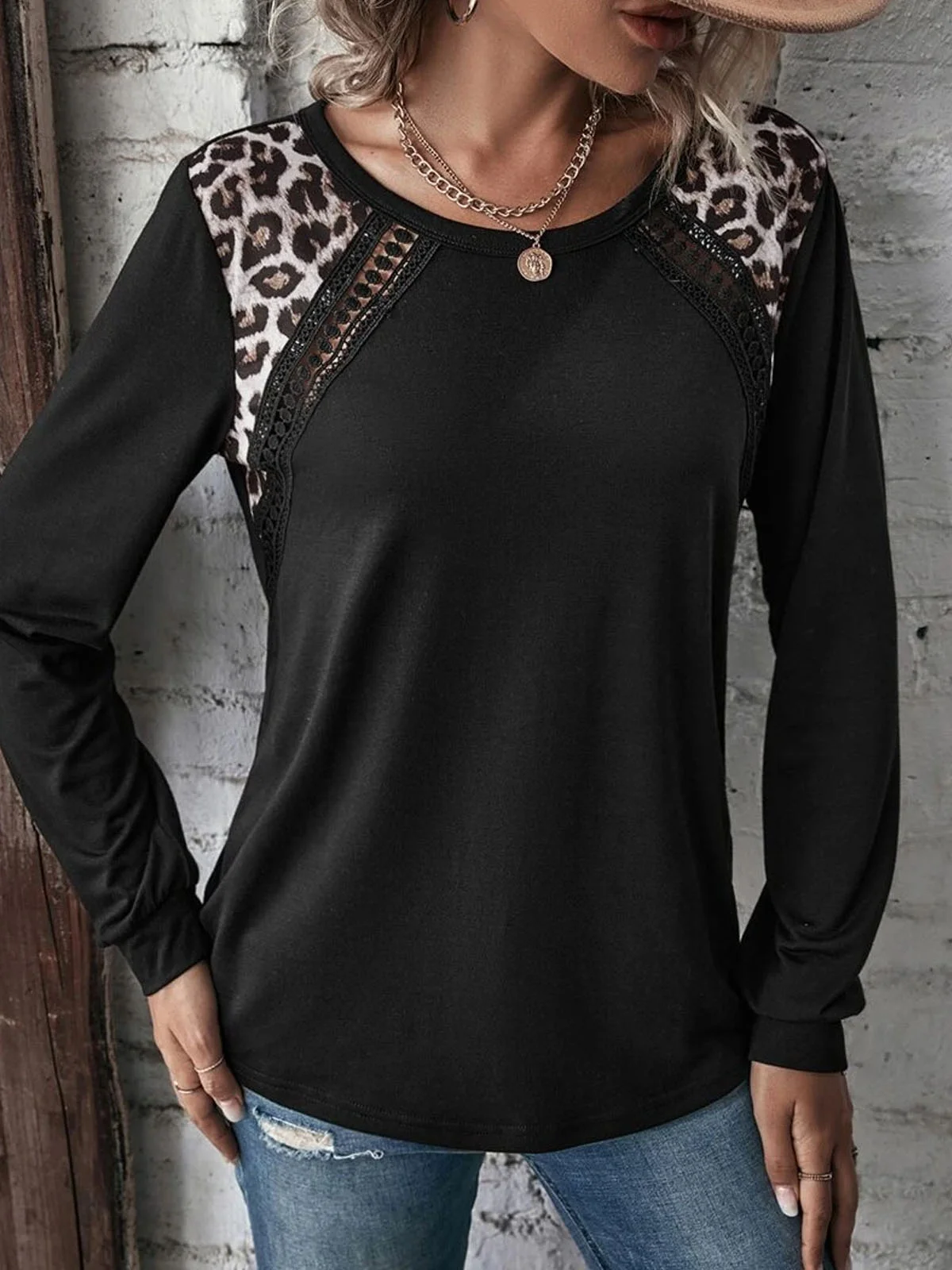 Leopard Casual Crew Neck Patchwork Lace T-Shirt