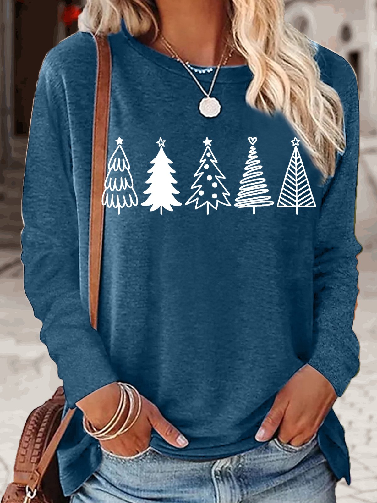 Women's Christmas Tree Print Crew Neck Casual Top