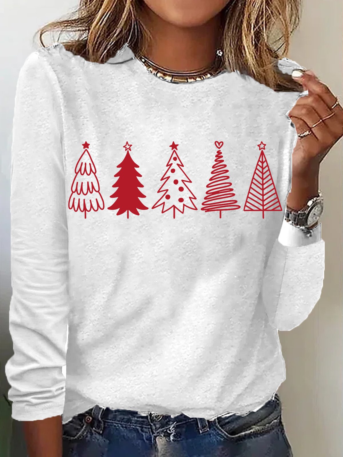 Women's Christmas Tree Print Crew Neck Casual Top