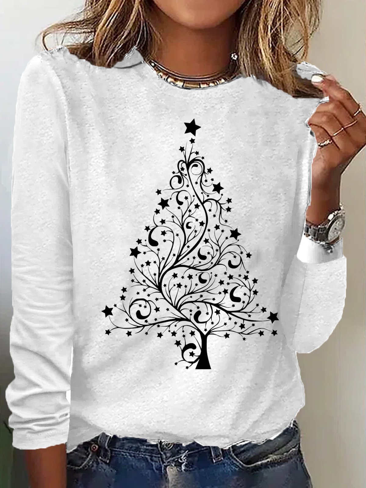 Women’s Star Christmas Tree Letters Casual Crew Neck Top