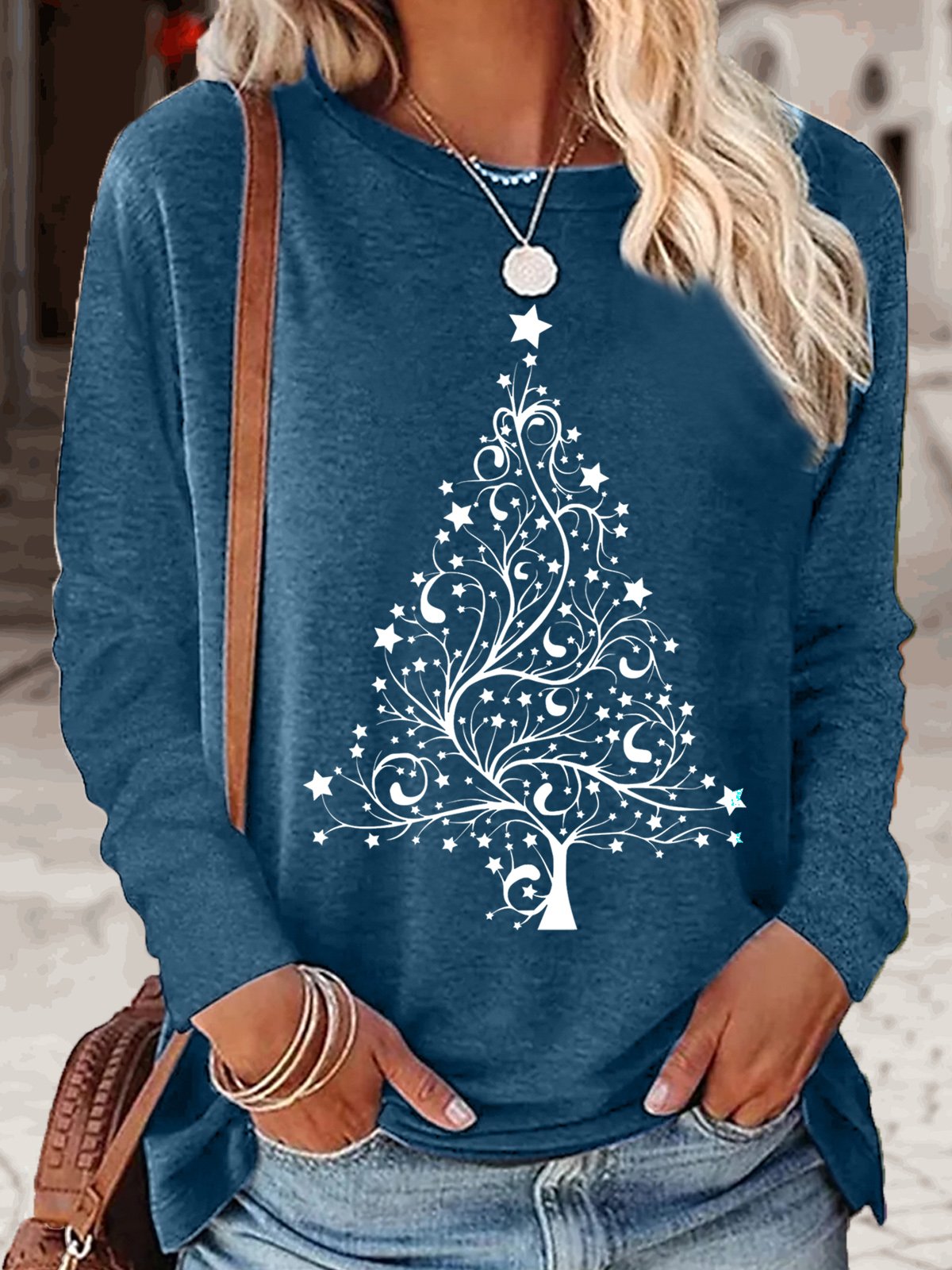 Women’s Star Christmas Tree Letters Casual Crew Neck Top