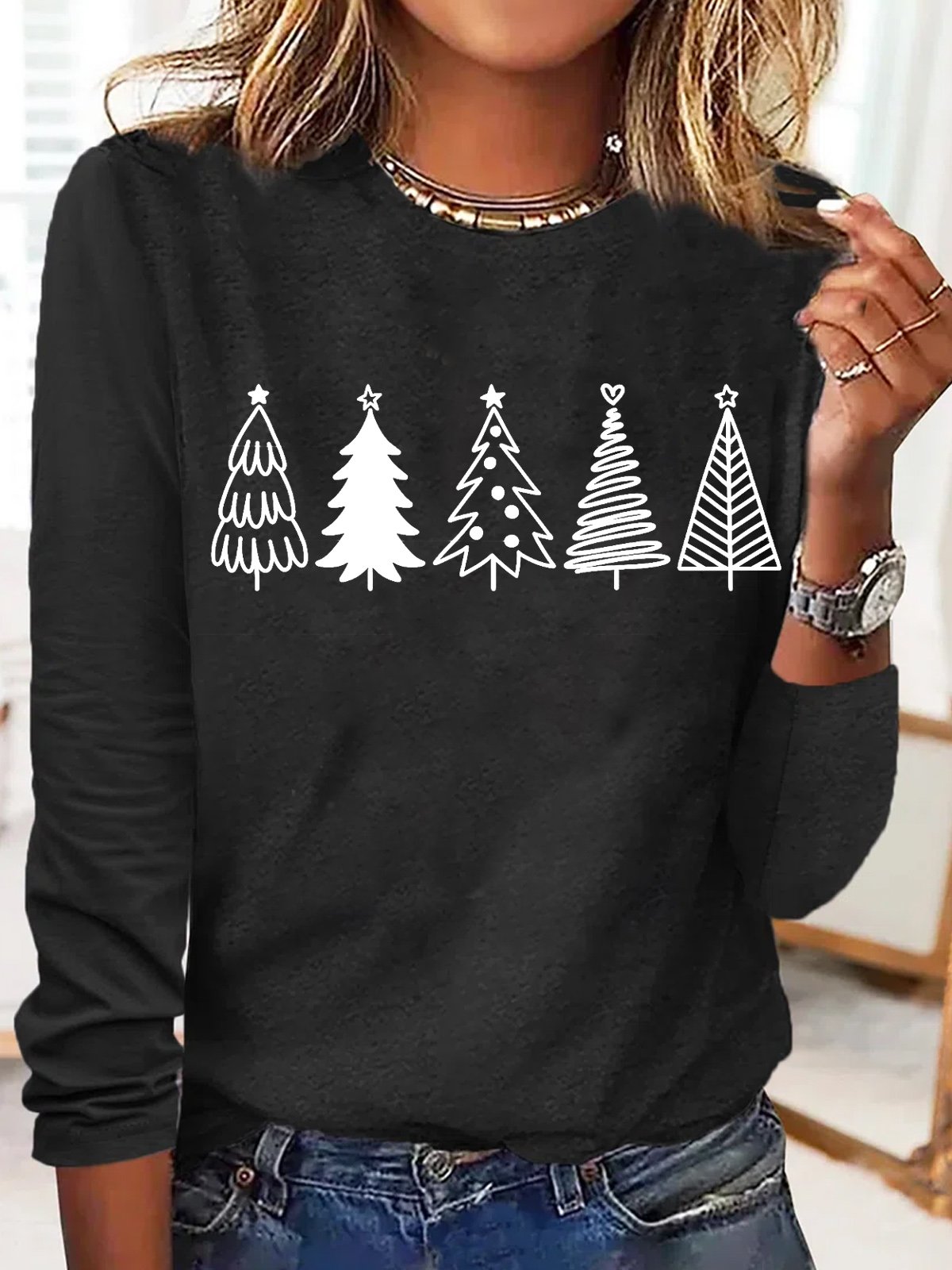 Women's Christmas Tree Print Crew Neck Casual Top