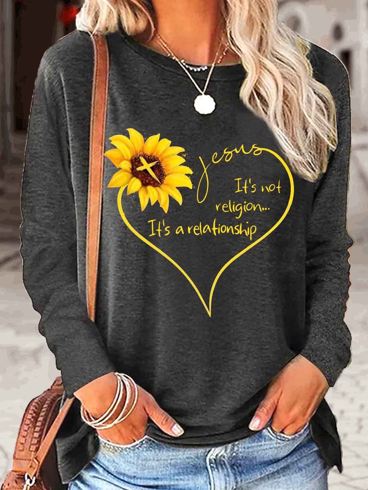 Women's Jesus Letter Sunflower Print Casual Crew Neck Top