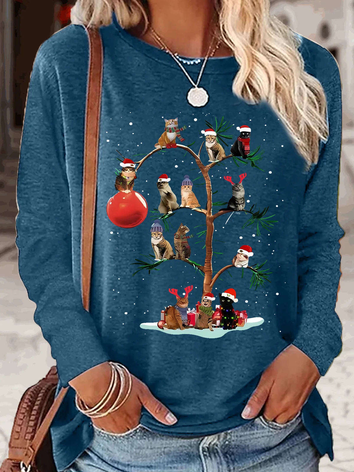 Women's Christmas Cat Tree Cotton-Blend Crew Neck Casual H-Line Long Sleeve Shirts