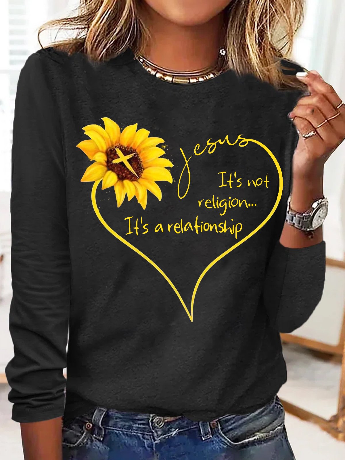 Women's Jesus Letter Sunflower Print Casual Crew Neck Top