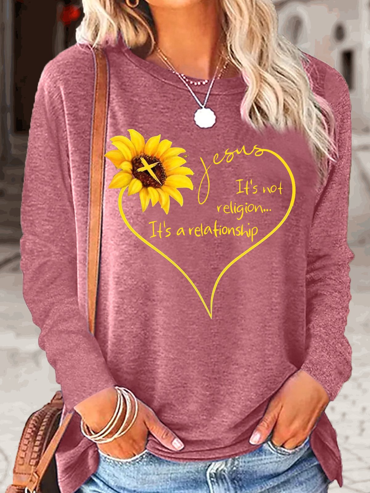 Women's Jesus Letter Sunflower Print Casual Crew Neck Top