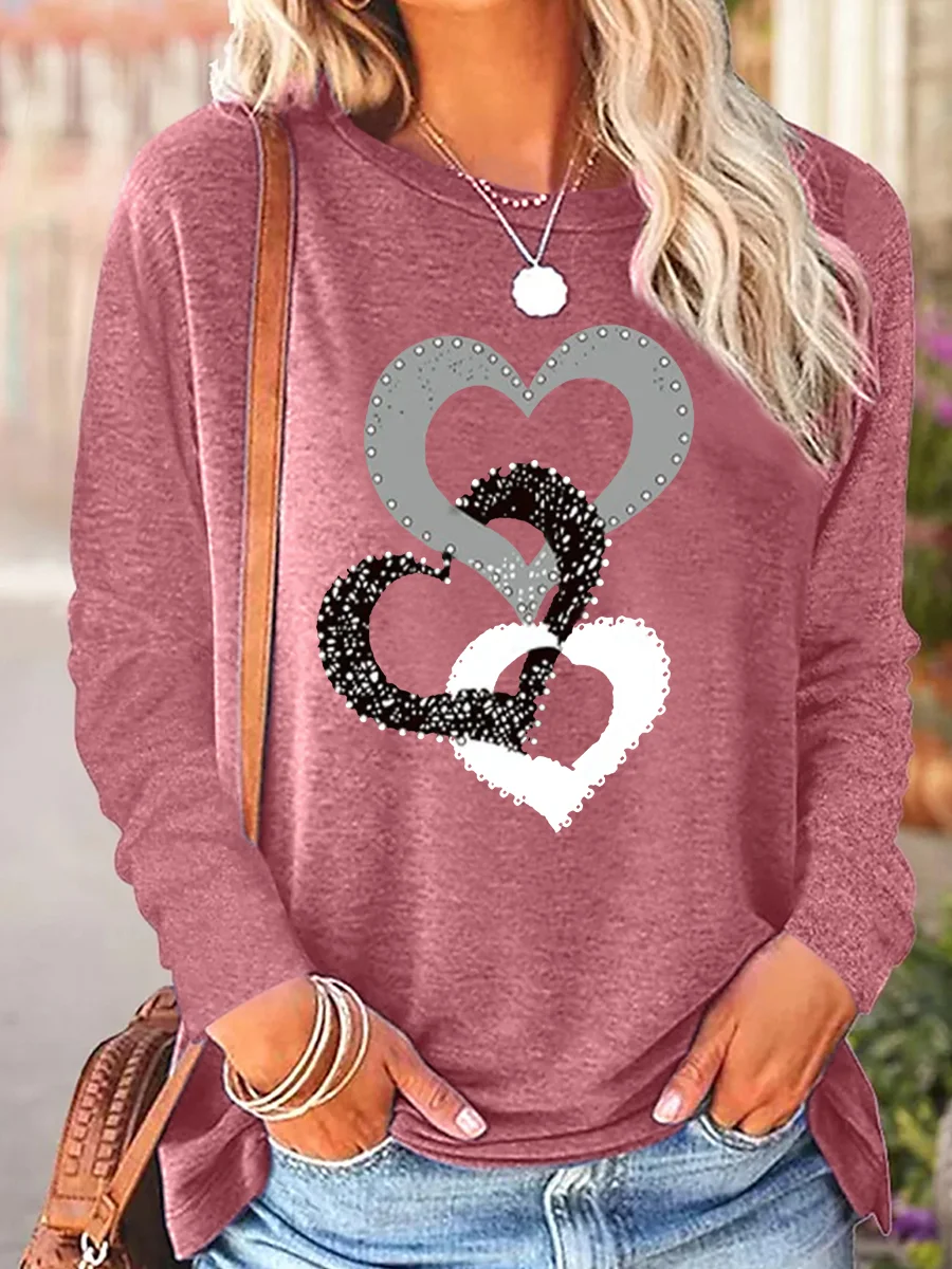 Women’s Regular Fit Simple Crew Neck Heart Long Sleeve Top