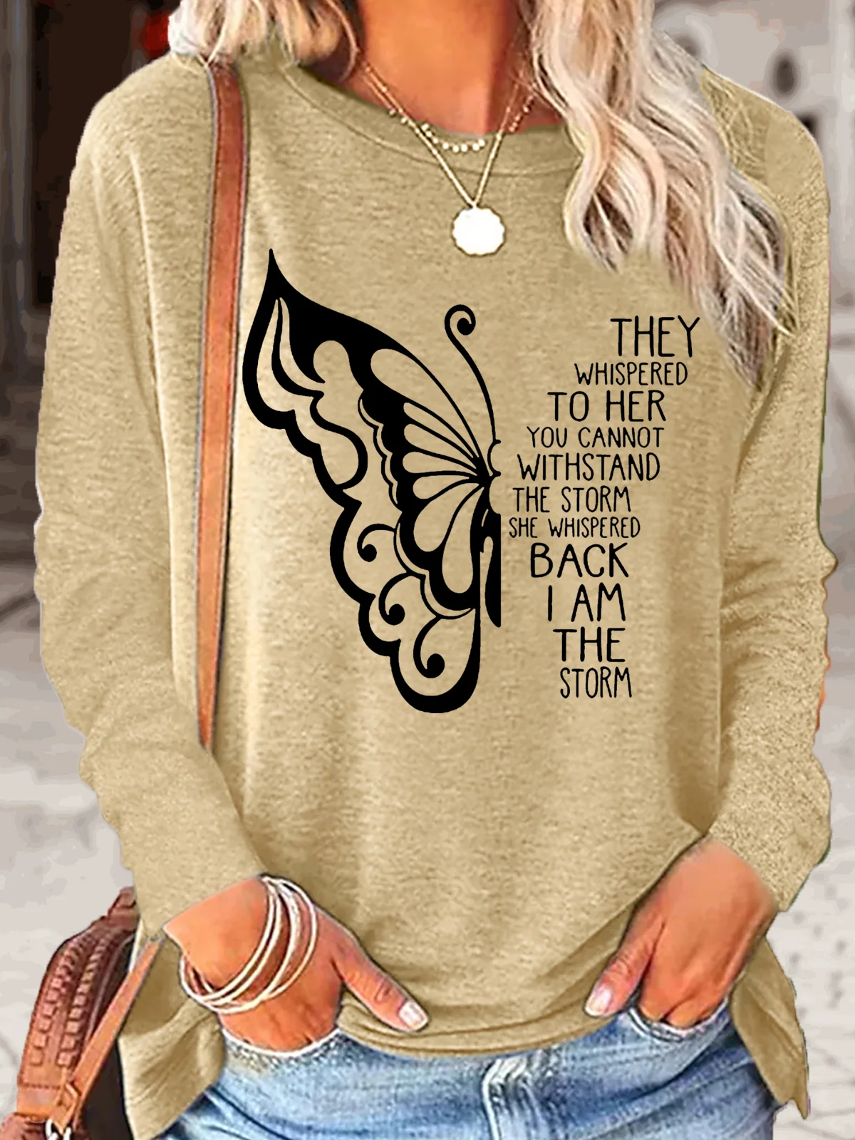 Women's Butterfly Letters Print Cotton-Blend Casual Top H-Line Crew Neck Long Sleeve Shirts