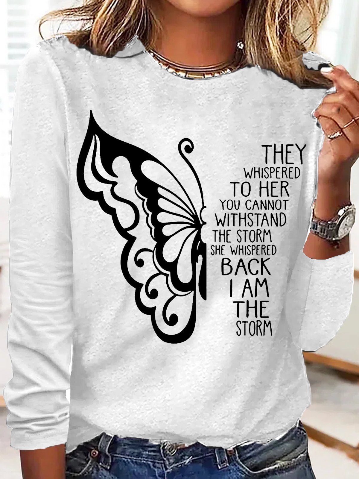 Women's Butterfly Letters Print Cotton-Blend Casual Top H-Line Crew Neck Long Sleeve Shirts