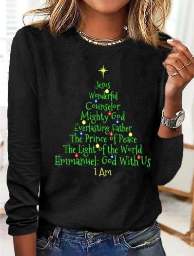 Women's T shirt Tee Black Christmas Tree Text Print Long Sleeve Christmas Crew Neck T-Shirt