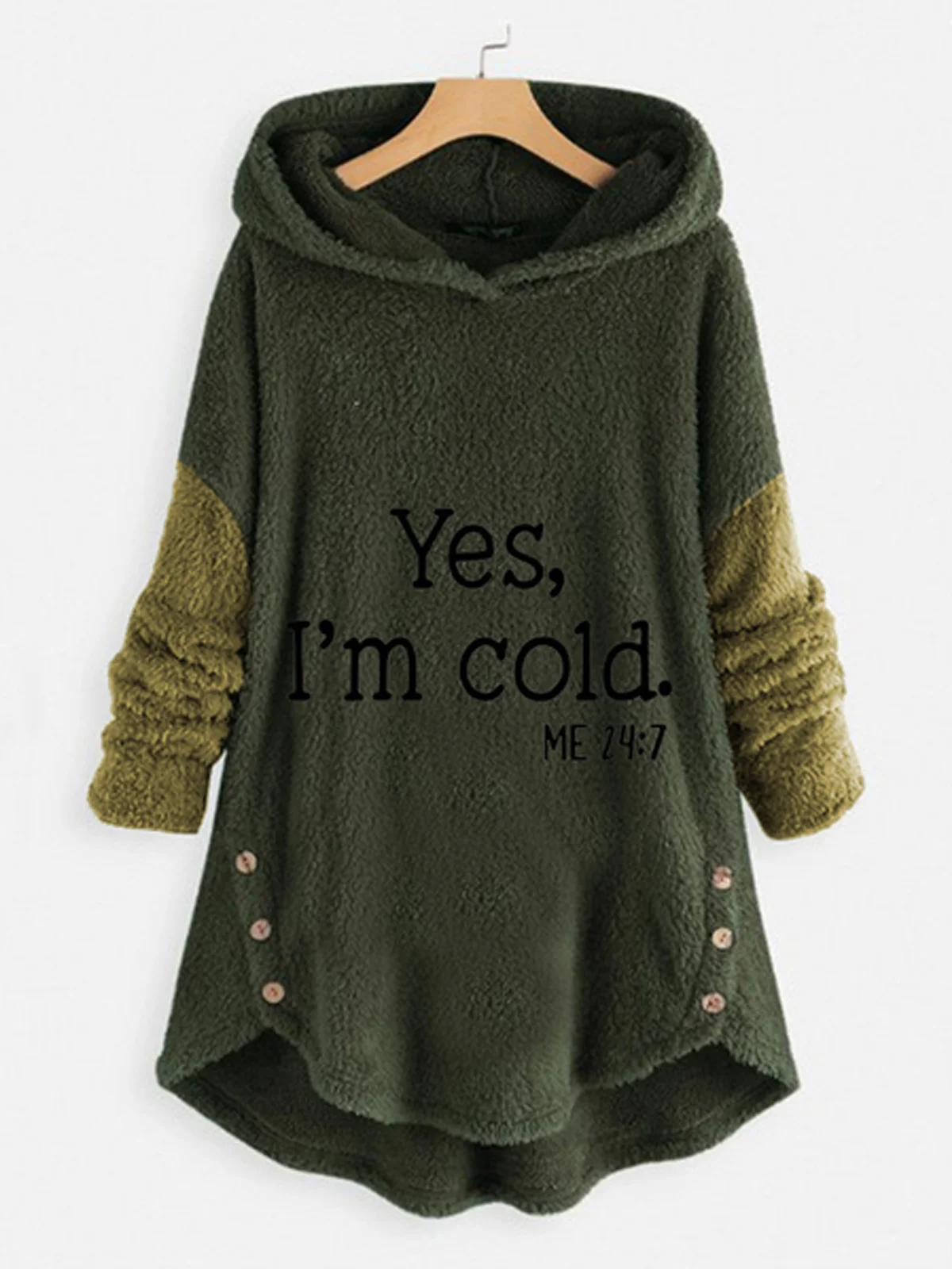 Plush Casual Long Sleeve Hoodie Buttoned Text Printed H-Line Hooded ...