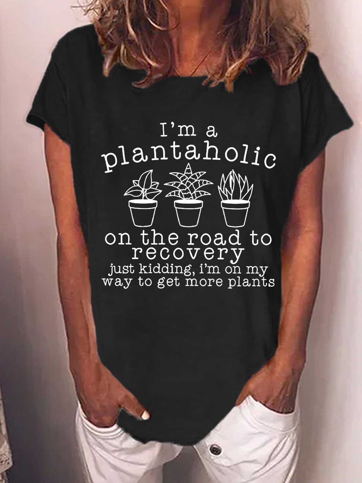 Women's Funny Plantaholic Gardener Plant Lover Loose Crew Neck Casual T-Shirt