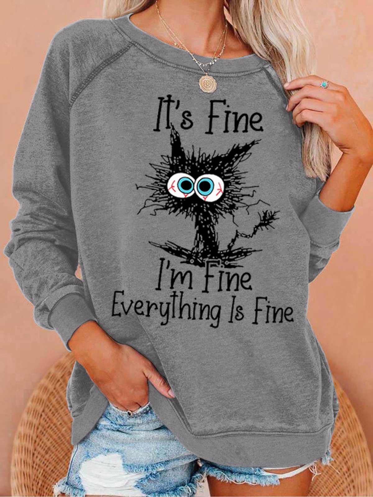 Womens Funny I Am Fine Black Cat Letter Crew Neck Sweatshirt