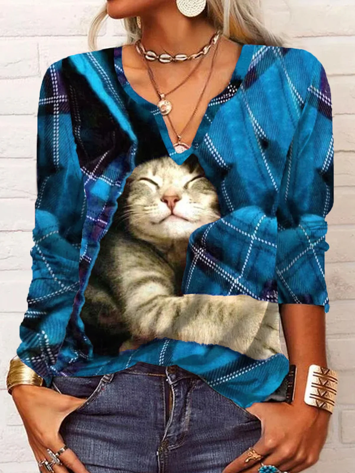 Casual Christmas Plaid Cat Long sleeve V Neck T-Shirt Xmas T-shirt