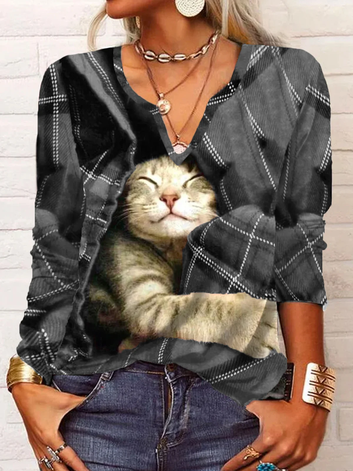 Casual Christmas Plaid Cat Long sleeve V Neck T-Shirt Xmas T-shirt