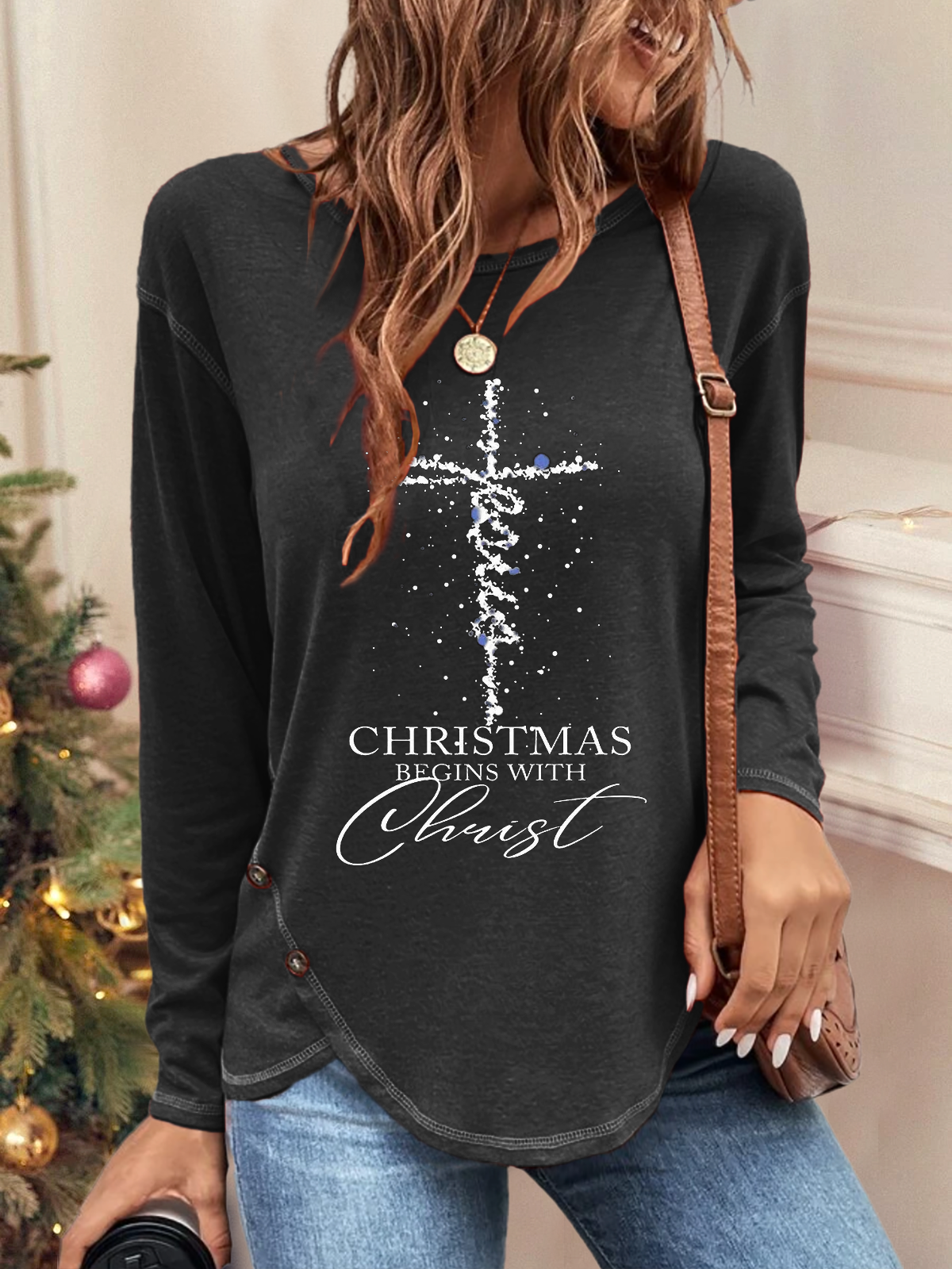 Christmas Text Print Daily Jersey Tunic Loose Casual Crew Neck H-Line Xmas Long Sleeve T-shirt