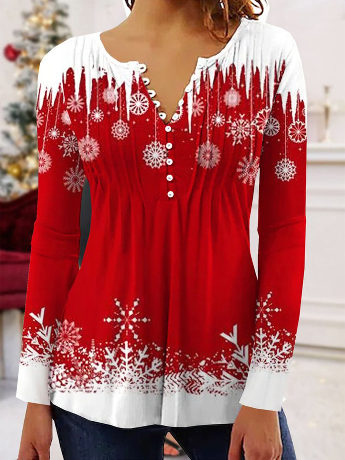 Plus Size Christmas Printed Jersey Casual Long Sleeve TUNIC Top Xmas Top