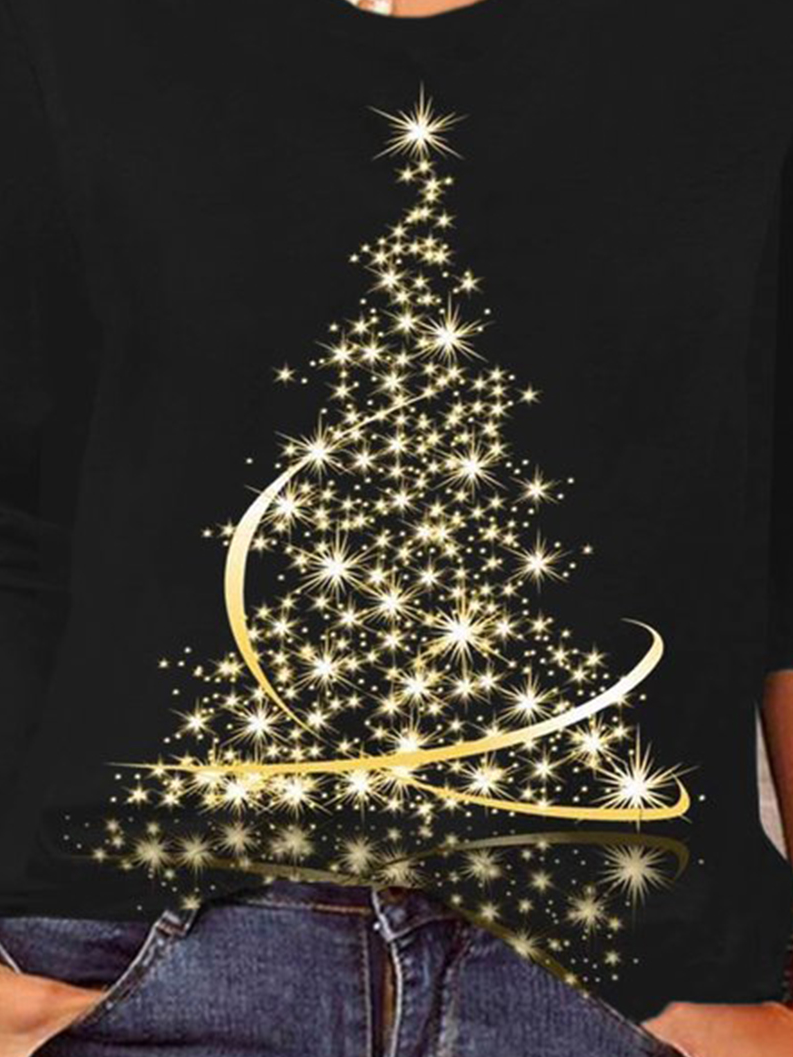 Plus Size Casual Christmas Trees Print Long Sleeve Crew Neck Printed Top T-Shirt Xmas T-shirt