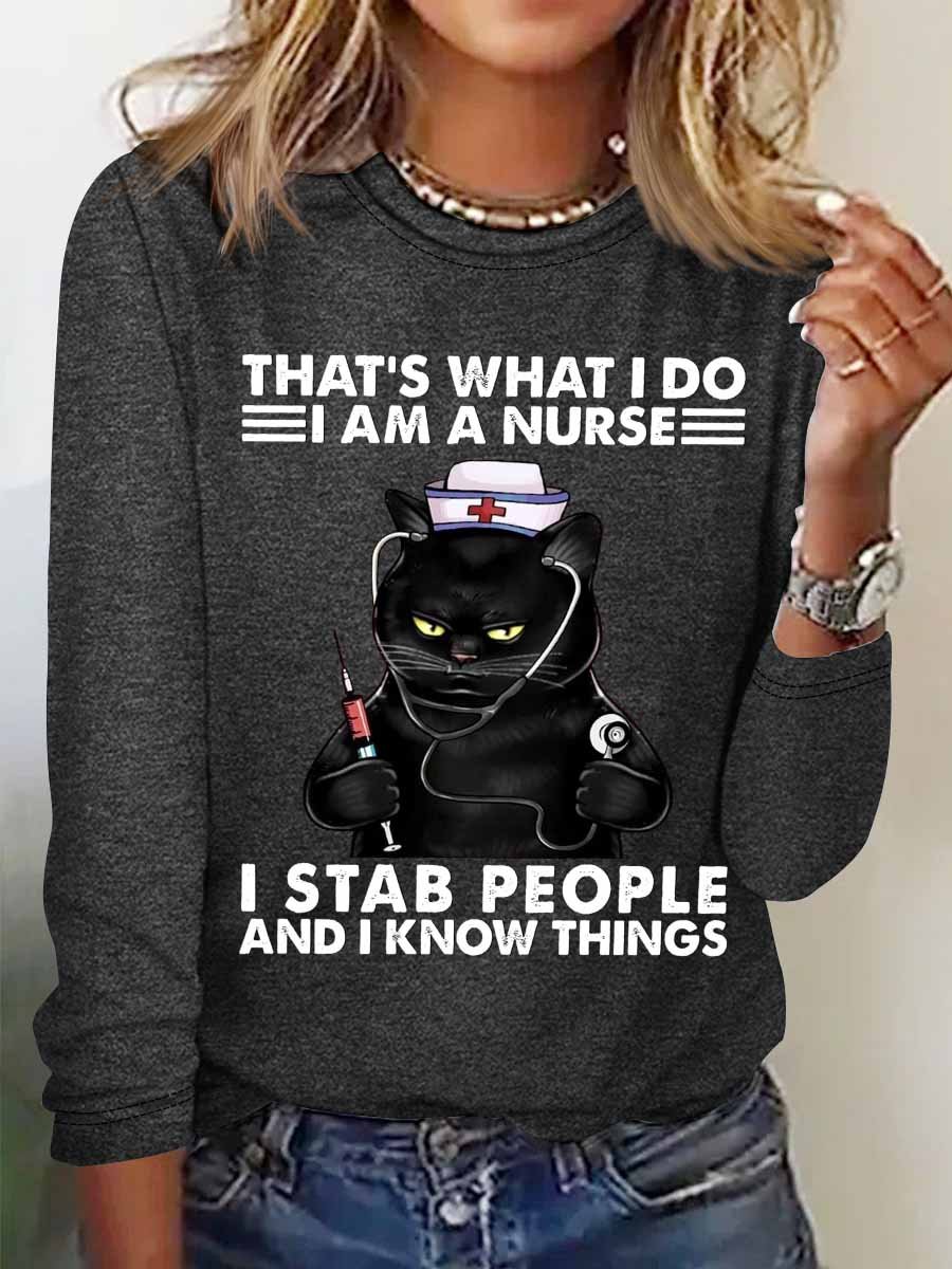 Women‘s Funny Word That's What I Do I Am A Nurse Black Cat Crew Neck Cotton-Blend Long Sleeve Top