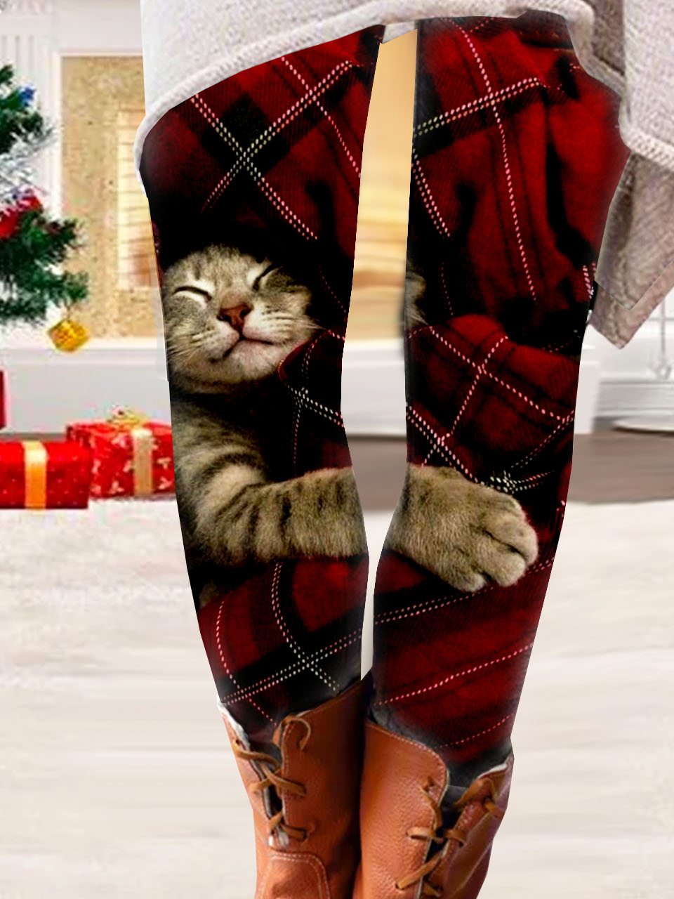 Tight Casual Christmas Cat Printed Legging Xmas Leggings