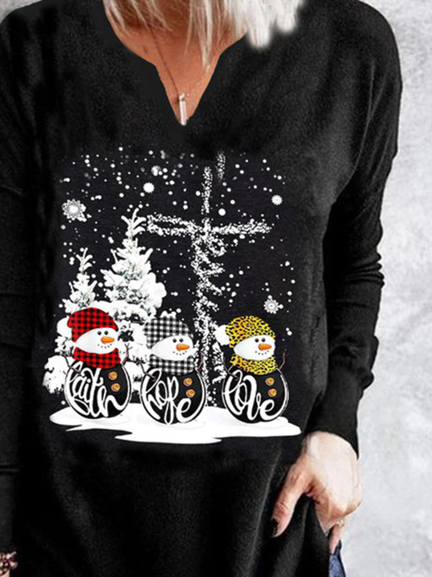 Plus Size Casual Jersey Christmas Snowman T-Shirt Xmas T-shirt