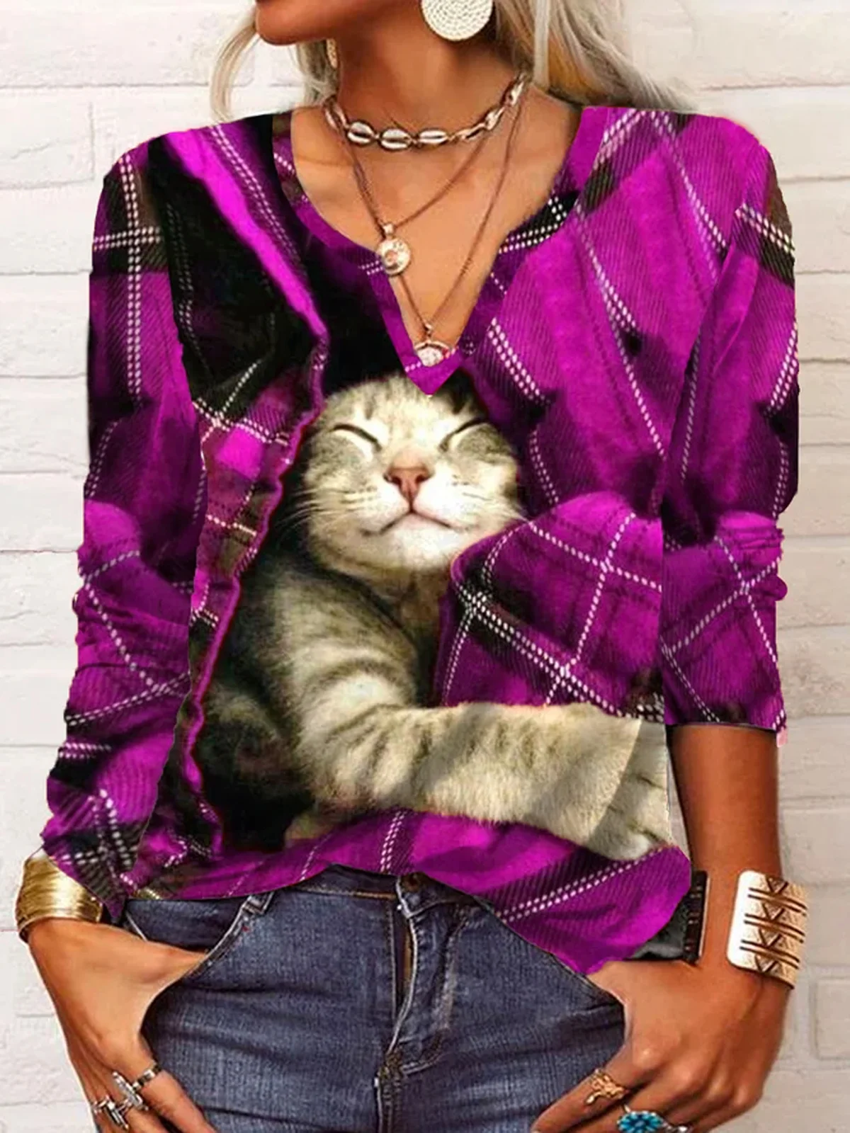 Casual Christmas Plaid Cat Long sleeve V Neck T-Shirt Xmas T-shirt