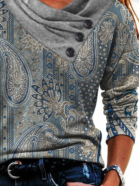 Mystery Paisley Printed Casual Regular Fit Cross Neck Ethnic Long Sleeve T-Shirt