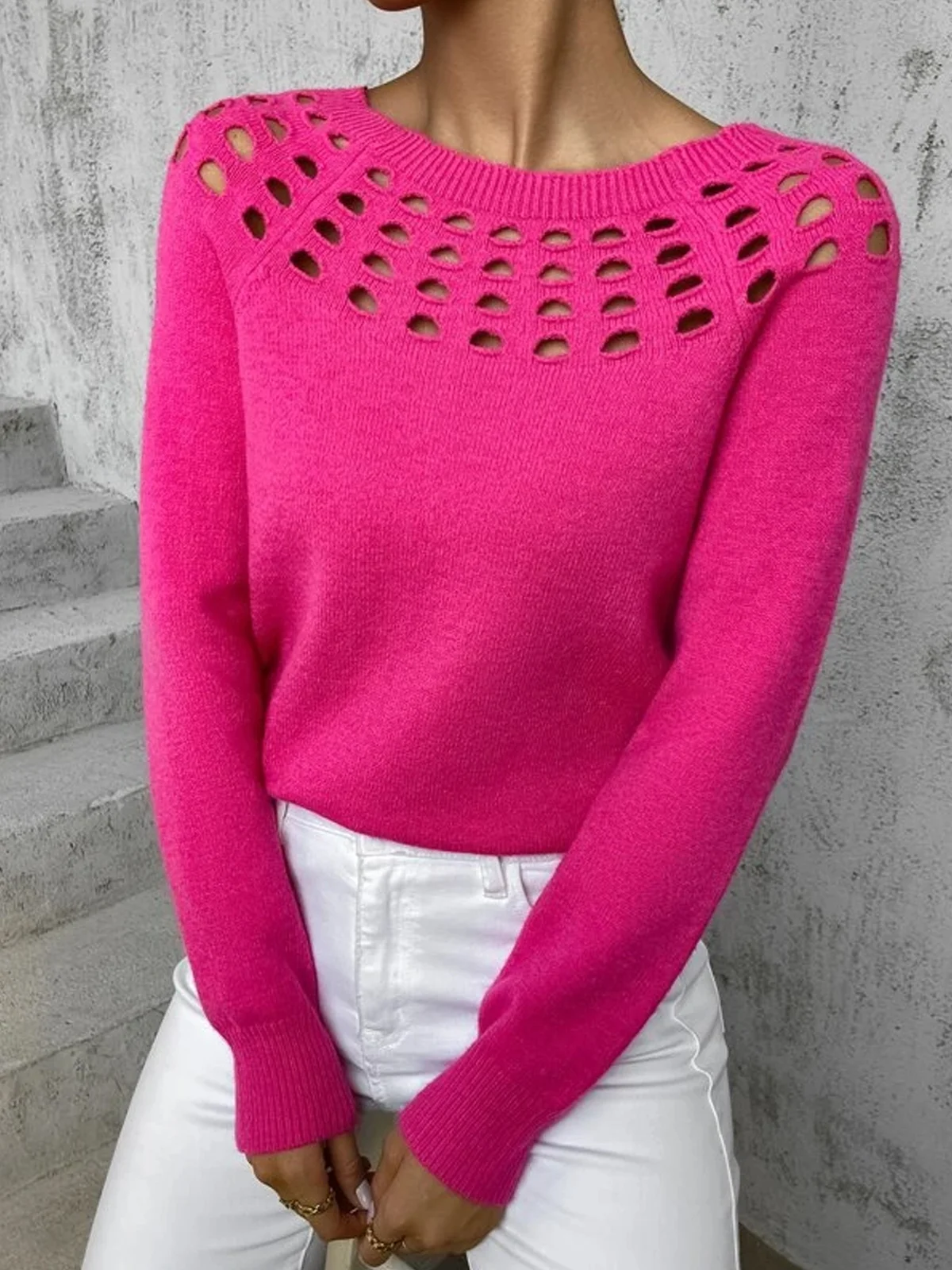 Crew Neck Plain Hollow Out Casual Pink Sweater Valentine's Day Top