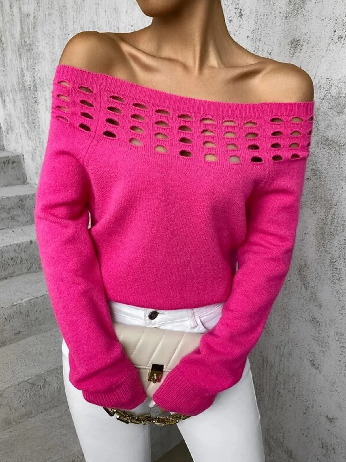 Crew Neck Plain Hollow Out Casual Pink Sweater Valentine's Day Top