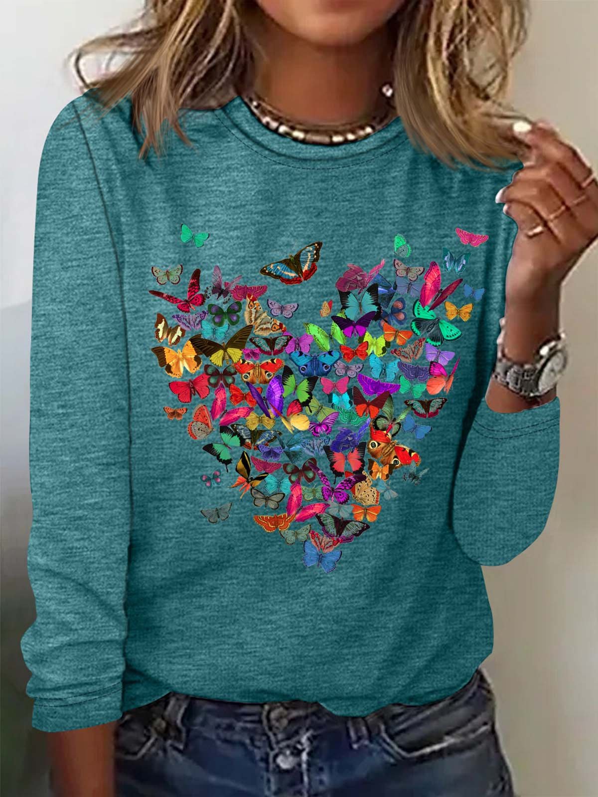 Women's Butterfly Heart Print Valentine's Day Casual Crew Neck Long Sleeve Top Shirts