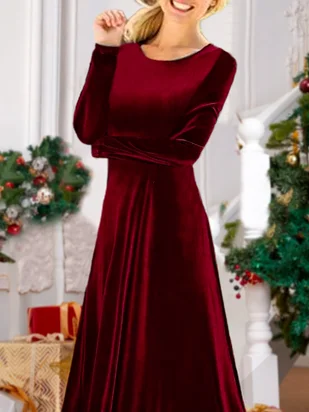 Party Velvet Long Sleeve Plain Christmas Dress