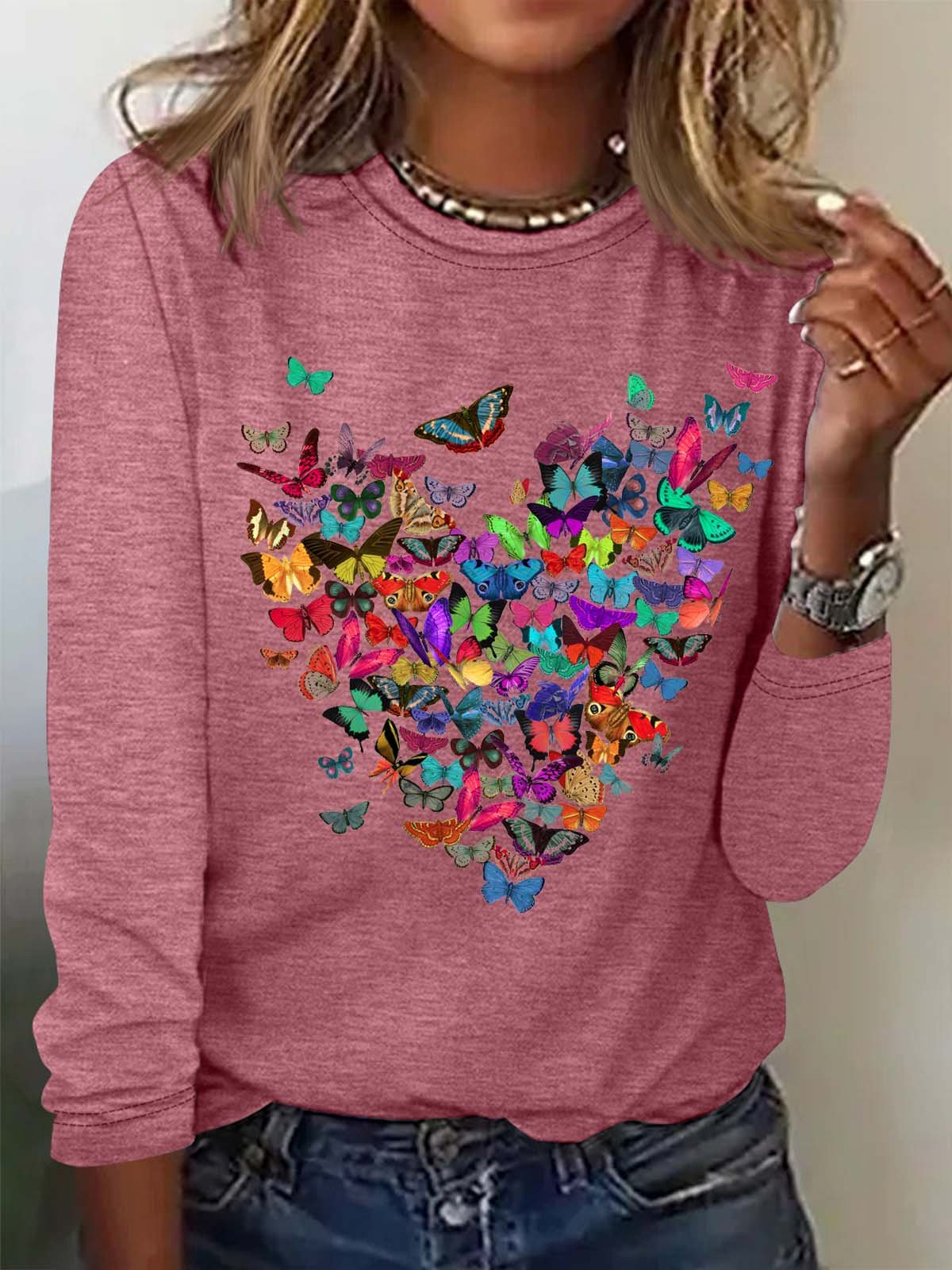 Women's Butterfly Heart Print Valentine's Day Casual Crew Neck Long Sleeve Top Shirts