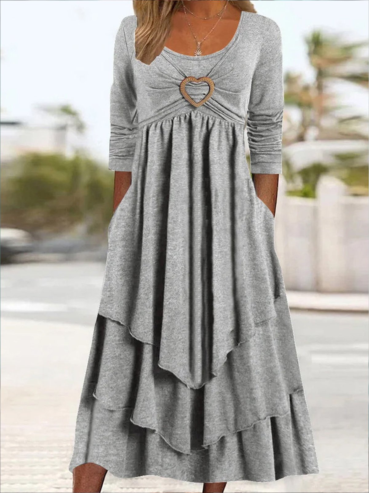 Plain Daily Casual Grommets Jersey Loose A-Line Long Sleeve Maxi Dress