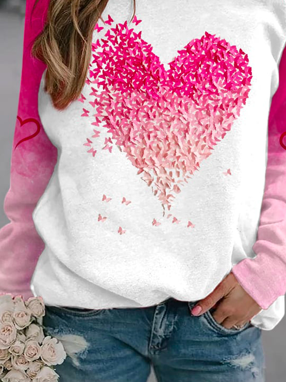 Valentine's Day Basic Casual Crew Neck Jersey Heart/Cordate Pink Long Sleeve Sweatshirt