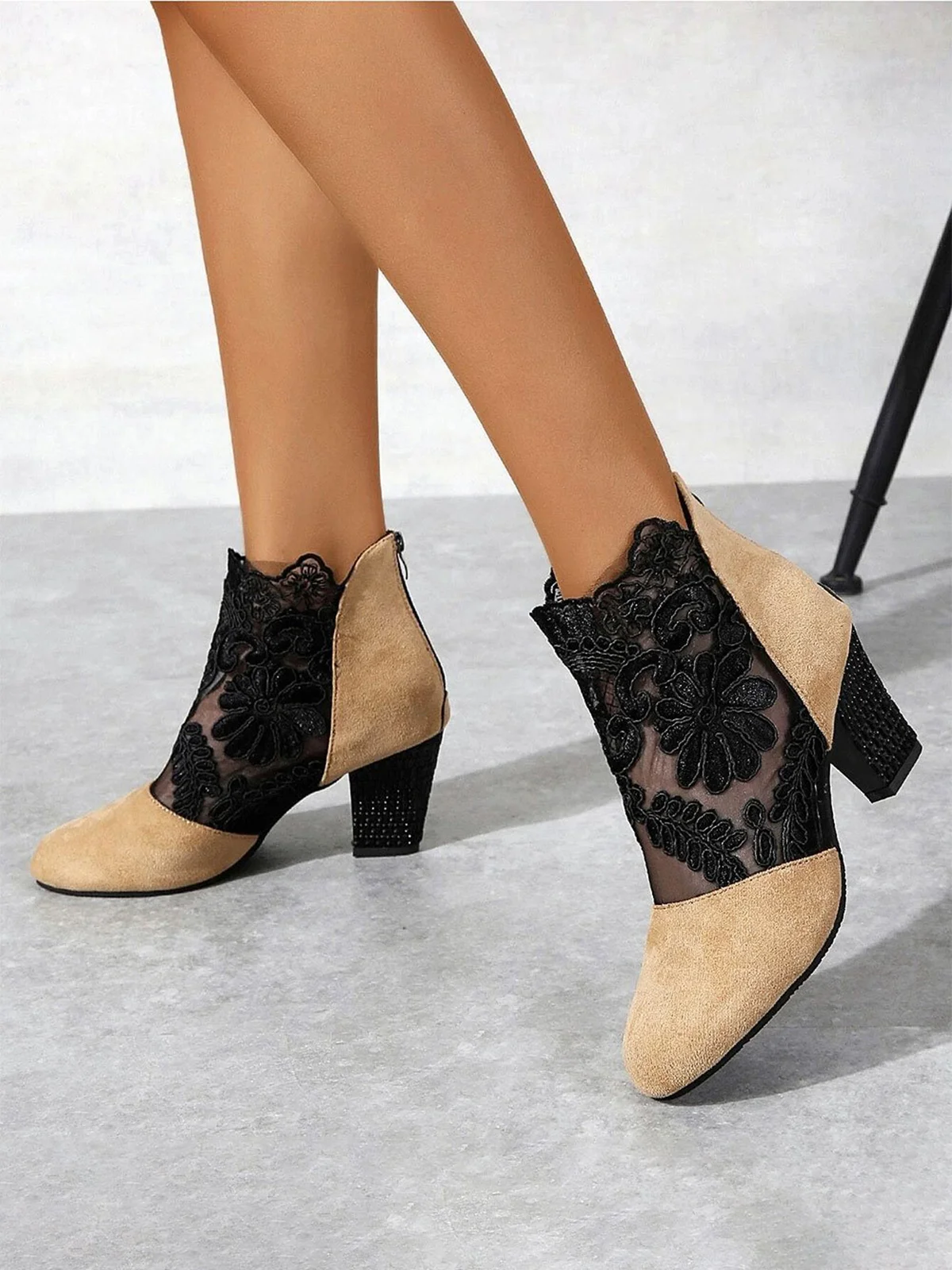 Lace Split Joint Chunky Heel Sandals Boots with Back Zip | zolucky