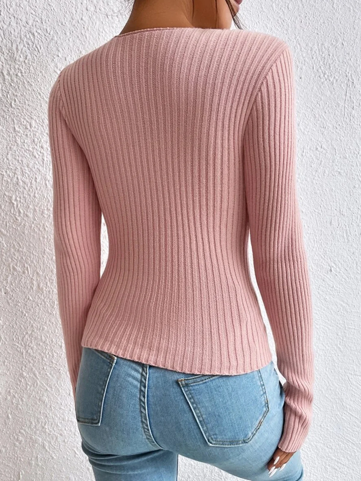 Sexy Fit X-Line Daily Basic Color Block Buckle Cross V Neck Irregular Craftsmanship Casual Long Sleeve Sweater