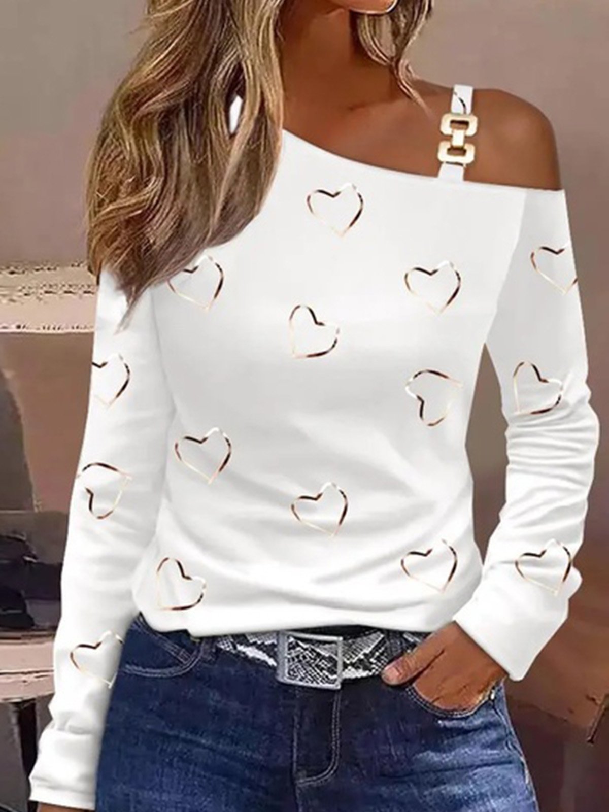 Glitter-finished Buckle Off Shoulder Valentine's Day Heart/Cordate Jersey Casual H-Line Loose T-Shirt