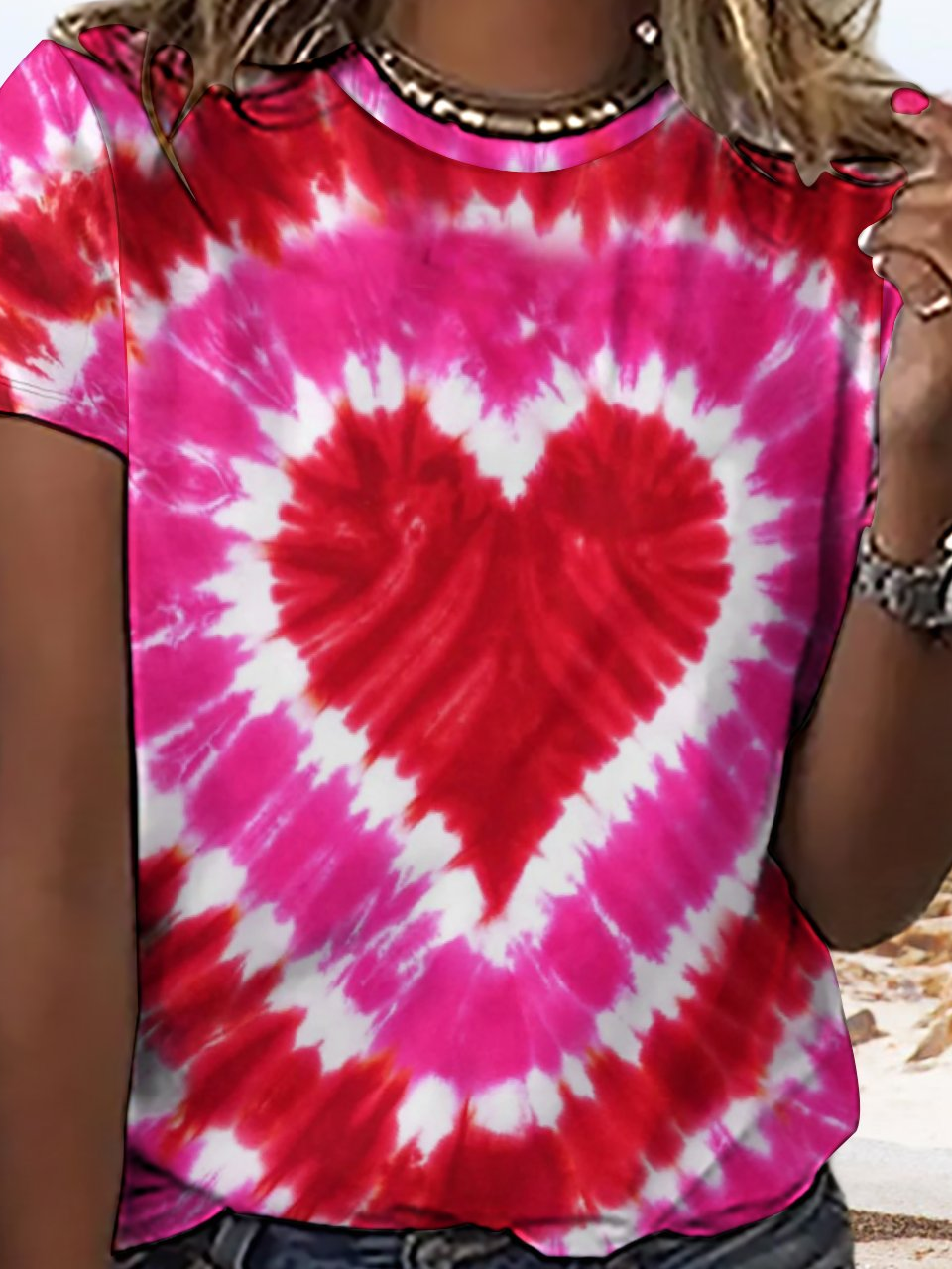 Women's Valentines Day Red and Pink Heart Tie Dye Casual Crew Neck T-Shirt