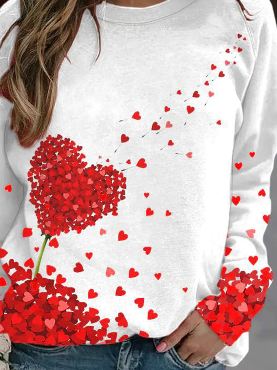 Valentine's Day Basic Daily Casual Crew Neck Heart/Cordate Print Jersey H-Line Long Sleeve Sweatshirt