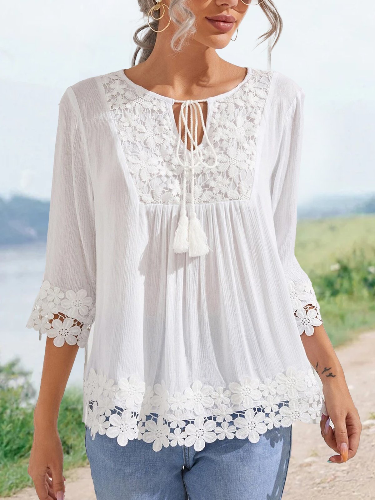 Contrast Guipure Lace Tie Neck Tassel Blouse