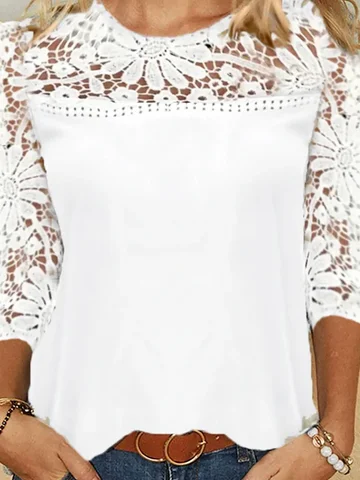 Plain Cut-out Lace Patchwork 3/4 Sleeves Crew Neck Casual Top