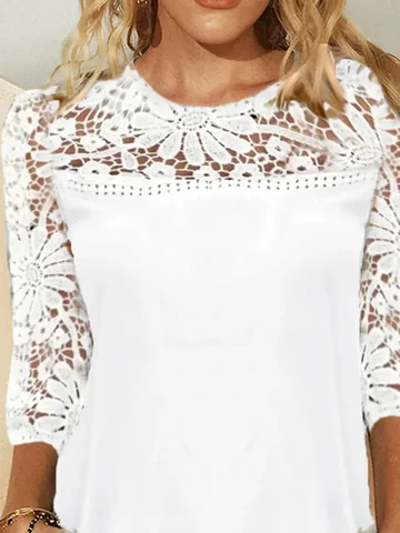 Plain Cut-out Lace Patchwork 3/4 Sleeves Crew Neck Casual Top