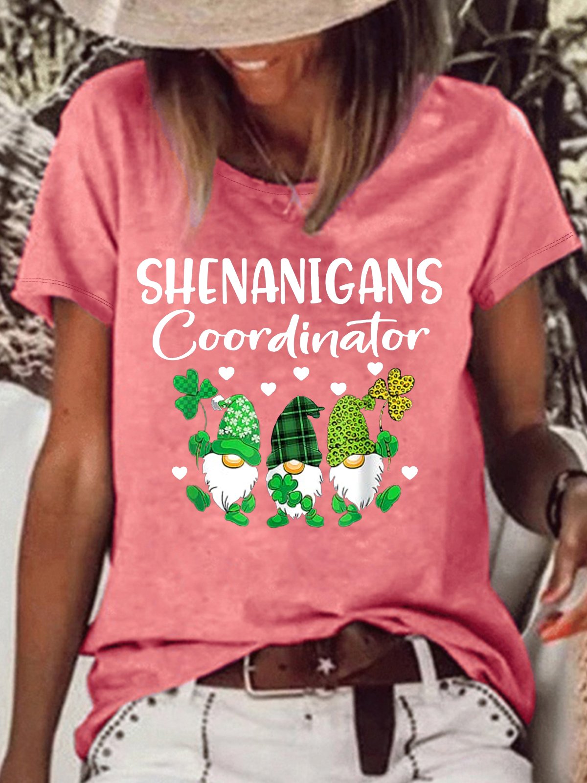 Women‘s Shenanigans Coordinator St Patricks Day Gnomes Crew Neck Casual Letters T-Shirt